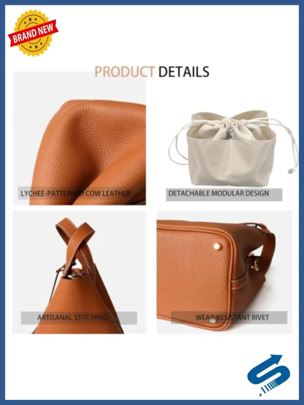 Genuine Leather Bucket Bag Women Tote Handbag with Lock Design, Detachable Pouch